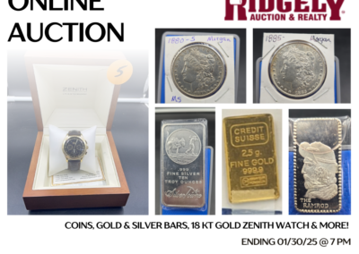 ONLINE ONLY AUCTION ENDS 01/30/25 @ 7 PM – COINS, GOLD & SILVER BARS, 18 KT GOLD ZENITH WATCH & MORE! – JANUARY COINS & MORE