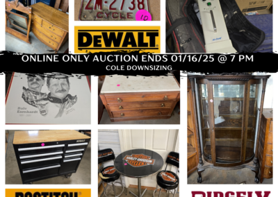 ONLINE ONLY AUCTION ENDING 01/16/25 @ 7 PM – DEWALT & BOSTITCH TOOLS, ANTIQUE FURNITURE & MORE! – COLE DOWNSIZING