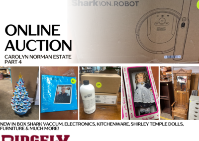 ONLINE ONLY AUCTION ENDS 02/17/25 @ 7 PM – NEW IN BOX SHARK VACCUM, ELECTRONICS, KITCHENWARE, SHIRLEY TEMPLE DOLLS, FURNITURE & MUCH MORE! – THE CAROLYN NORMAN COLLECTION – PART 4