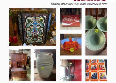 ONLINE ONLY AUCTION ENDS 02/27/25 @ 7 PM – RIDGELY AUCTION COLLECTOR FOR MANY YEARS – COLLECTED THE BEST OF THE BEST! DEPRESSION GLASS, CARNIVAL GLASS, STAINED GLASS FIREPLACE SCREEN, COKE COLLECTABLES, QUILTS, JEWELRY & MUCH MORE! – DUKE ESTATE