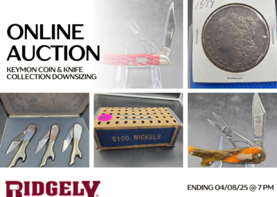 ONLINE ONLY AUCTION ENDS 04/08/25 @ 7 PM – CHECK OUT THIS COIN & KNIFE COLLECTION! MORGANS, BUFFALO NICKELS, PEACE DOLLARS, PROOF SETS, LEG KNIVES, CASE KNIVES & MUCH MORE! – KEYMON COIN & KNIFE COLLECTION DOWNSIZING