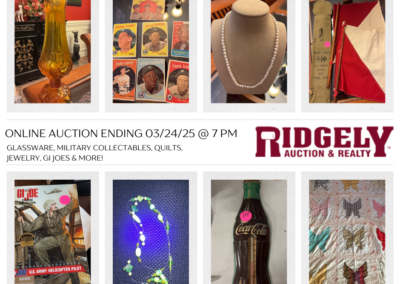 ONLINE ONLY AUCTION ENDS 03/24/25 @ 7 PM – GLASSWARE, MILITARY COLLECTABLES, QUILTS, JEWELRY, GI JOES & MORE! – FRAZIER ANTIQUES