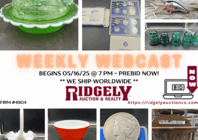 WEEKLY LIVE AUDIO WEBCAST 05/16/25 @ 7 PM (PREBID NOW UNTIL 05/16/25 @ 6 PM) – FENTON, HENS ON NESTS, COINS, & MORE NICE ANTIQUES!